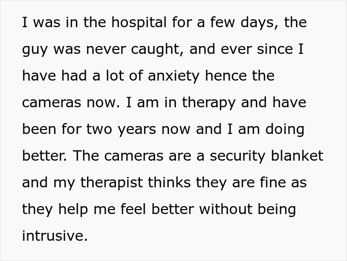 Screenshot of text explaining how security cameras help with anxiety after a break-in, a factor in not having kids.