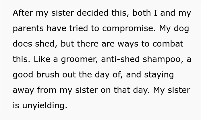 Text about attempts to compromise regarding the service dog's shedding for the wedding, with the sister unyielding.