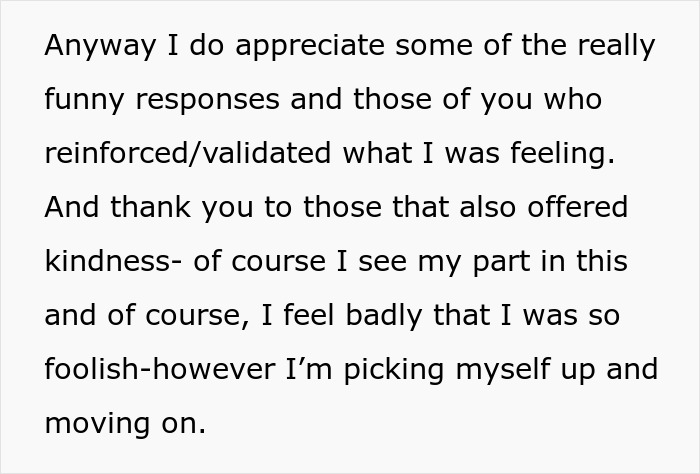 Screenshot of text expressing gratitude for funny responses and validation, and moving on from a BF trip.