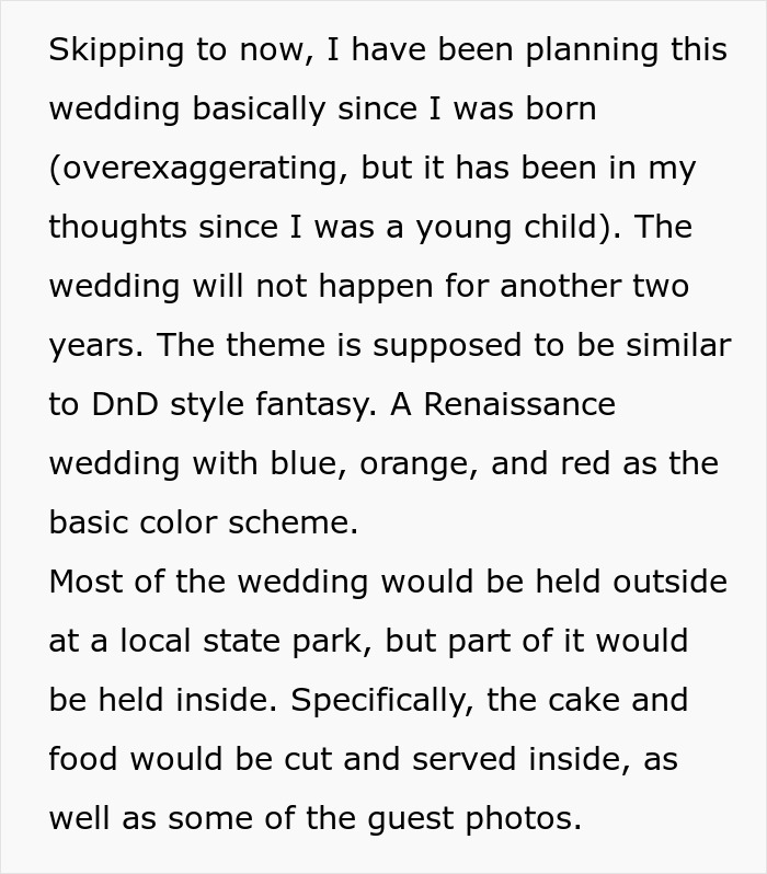 Planning a Renaissance wedding for a scary fixation over a groom, with blue, orange, and red colors, to be held outdoors.