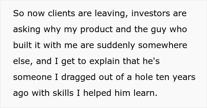 Text outlining how clients are leaving and investors are asking why his business partner copied his business after he rebuilt his life. Text outlining how clients are leaving and investors are asking why his business partner copied his business after he rebuilt his life.