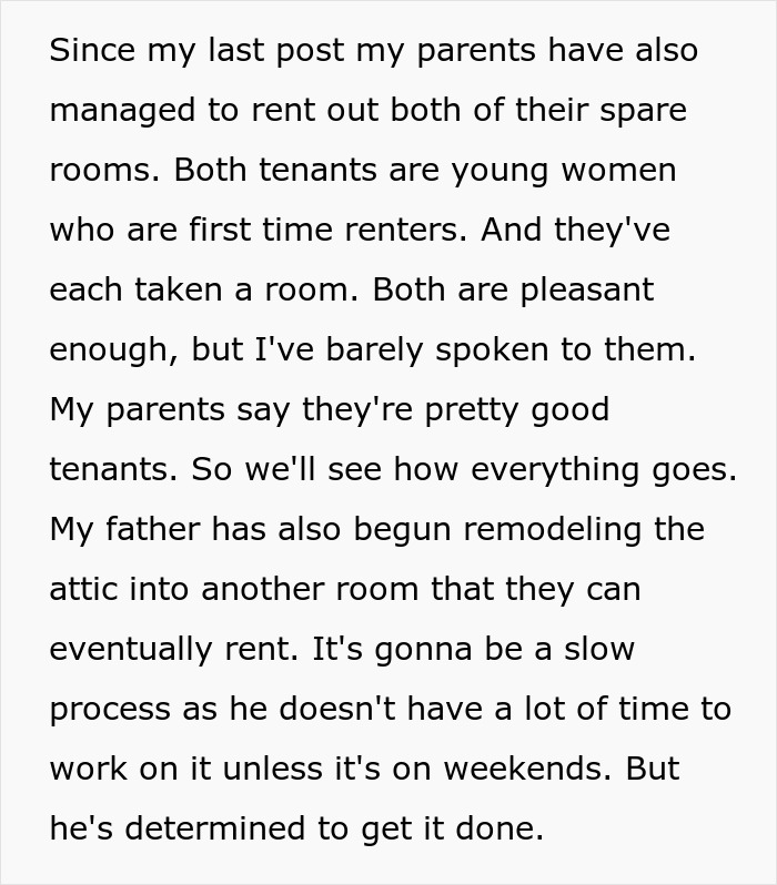 Text snippet about the entitled man's parents renting out rooms and remodeling after the wedding proposal incident.
