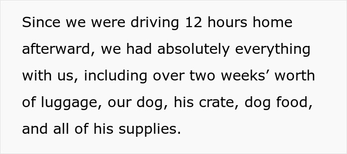 Text about luggage, dog, and supplies, alluding to the car trip and family drama. Text about luggage, dog, and supplies, alluding to the car trip and family drama.
