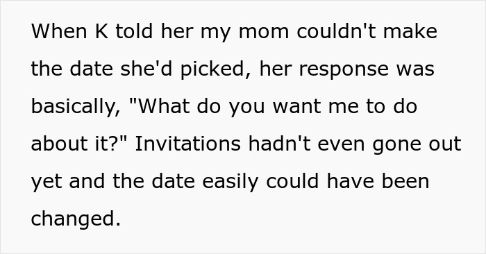 Family feud worsens over childfree wedding, MIL dismisses changing bridal shower date for family. Family feud worsens over childfree wedding, MIL dismisses changing bridal shower date for family.