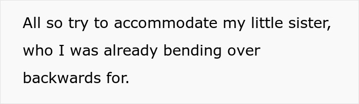 Text mentioning the woman's attempts to accommodate her little sister, leading to family drama during the car trip. Text mentioning the woman's attempts to accommodate her little sister, leading to family drama during the car trip.