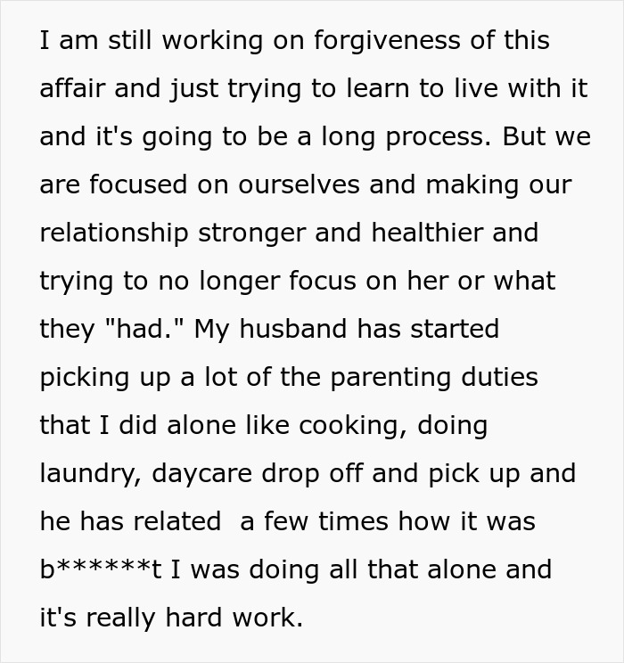Text explaining how the wife is working on forgiveness after the husband cheats on pregnant wife and is trying to move on. Text explaining how the wife is working on forgiveness after the husband cheats on pregnant wife and is trying to move on.