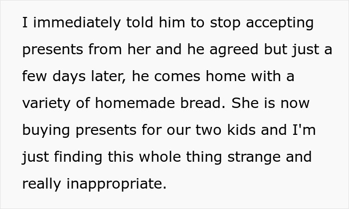 Screenshot of text about a husband accepting gifts from a coworker. The husband cheats on his pregnant wife with a coworker. Screenshot of text about a husband accepting gifts from a coworker. The husband cheats on his pregnant wife with a coworker.