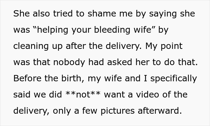 Text reveals Mom's hissy fit, cleaning up after DIL's delivery and filming despite being told to stop.
