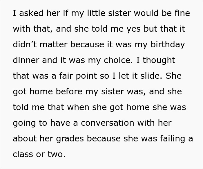 Screenshot of a Reddit post discussing a birthday dinner choice and a teen sister's reaction.