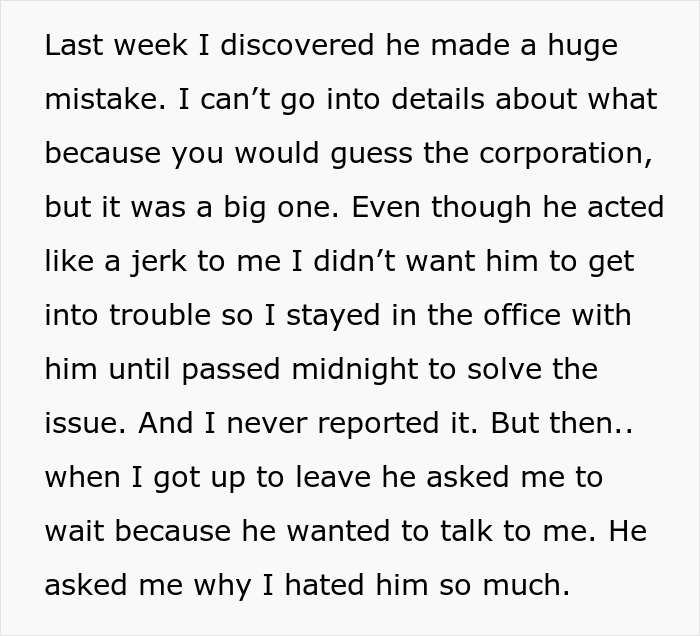 Text describing a coworker's big mistake and a late-night conversation after an office rejection incident. Text describing a coworker's big mistake and a late-night conversation after an office rejection incident.