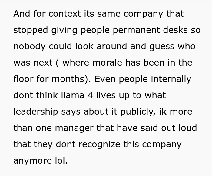 A screenshot of text detailing how AI replaces his team, and employee morale plummets at Meta. A screenshot of text detailing how AI replaces his team, and employee morale plummets at Meta.