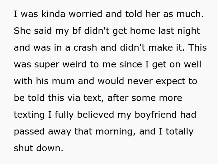 A screenshot showing text about a girlfriend's worry and believing her boyfriend died in a crash. Girlfriend reaction to prank. A screenshot showing text about a girlfriend's worry and believing her boyfriend died in a crash. Girlfriend reaction to prank.
