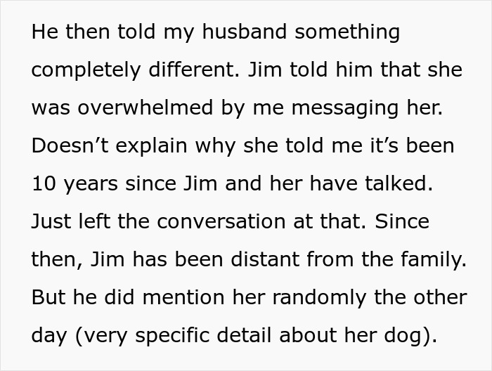 Text about Jim telling a different story to the husband, revealing his GF hasn't spoken to him in 10 years.