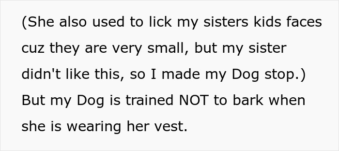 Text snippet detailing the service dog's training and proper behavior during a wedding.