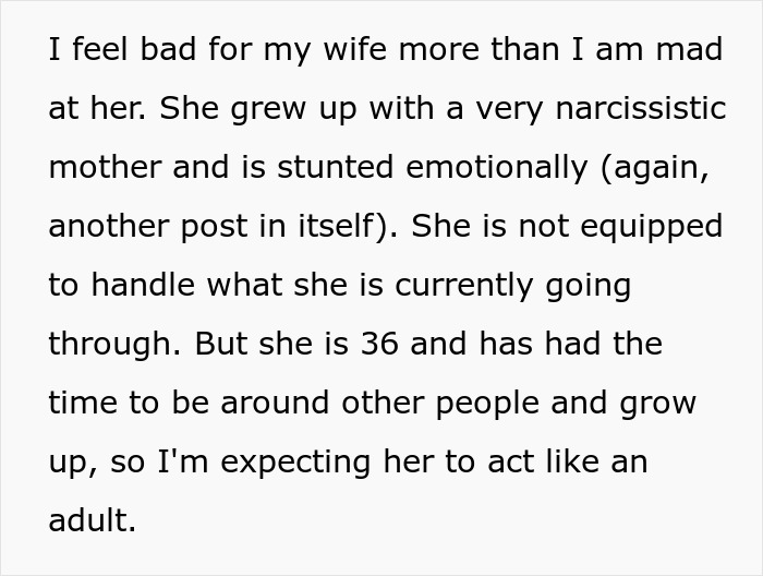 A man with cancer feels bad for his postpartum wife due to her narcissistic mother, but she still expects him to slog.