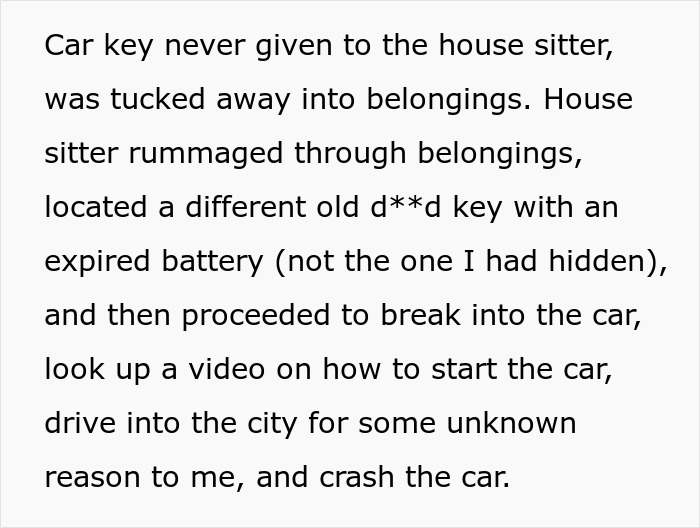 Screenshot of text explaining how a house sitter found a car key and crashed the car.