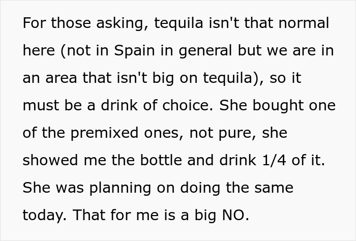 The nanny's drink of choice, premixed tequila, on a family vacation, leading to problems.