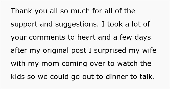 A guy thanking for support, surprising his postpartum wife for a dinner talk, while battling cancer and expected to slog at home.