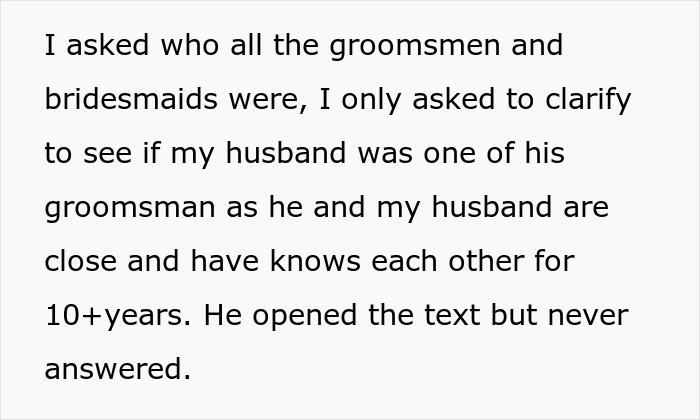 Text where someone asks about groomsmen and bridesmaids, relating to the groom's promise and bride's rejection letters. Text where someone asks about groomsmen and bridesmaids, relating to the groom's promise and bride's rejection letters.