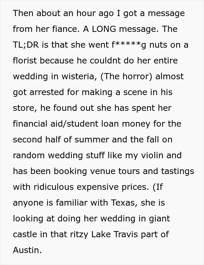 A screenshot of a message detailing the bride's extreme behavior regarding her wedding preparations.
