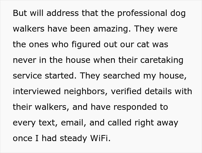 Text acknowledging professional dog walkers who helped find the lost cat after the house sitter incident.