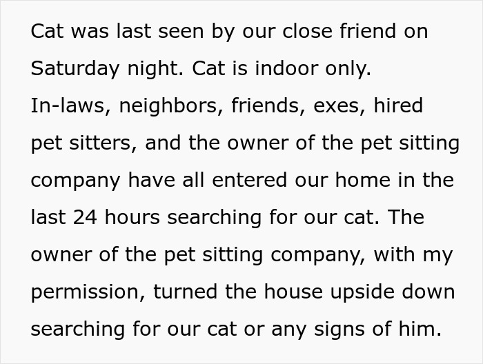 A couple's friends and pet sitters search for their lost cat.