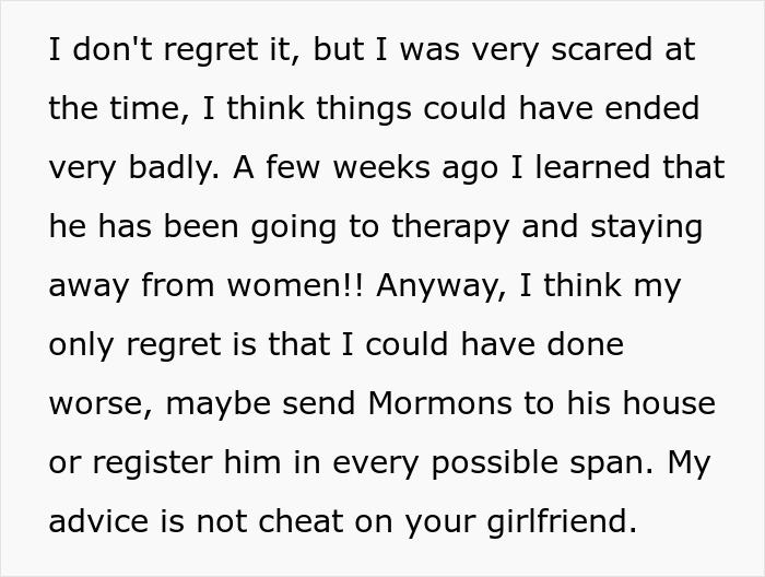 A screenshot of text discussing the aftermath of a girlfriend tricking her boyfriend into paying for a fake abortion. A screenshot of text discussing the aftermath of a girlfriend tricking her boyfriend into paying for a fake abortion.