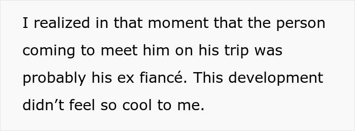 Screenshot of text revealing the GF's realization about who is joining the BF's 10-day trip.