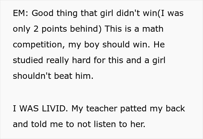 Text snippet about Mom's sexist remarks against a teenage girl, with a woman expressing anger about a math competition. Text snippet about Mom's sexist remarks against a teenage girl, with a woman expressing anger about a math competition.