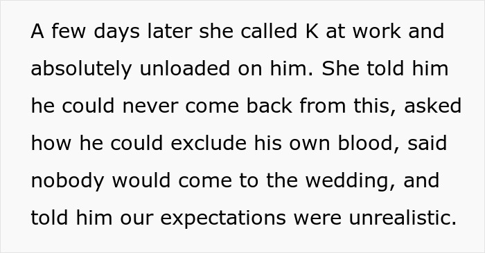 Screenshot of text about a MIL sparking family feud, calling her son at work regarding the childfree wedding. Screenshot of text about a MIL sparking family feud, calling her son at work regarding the childfree wedding.