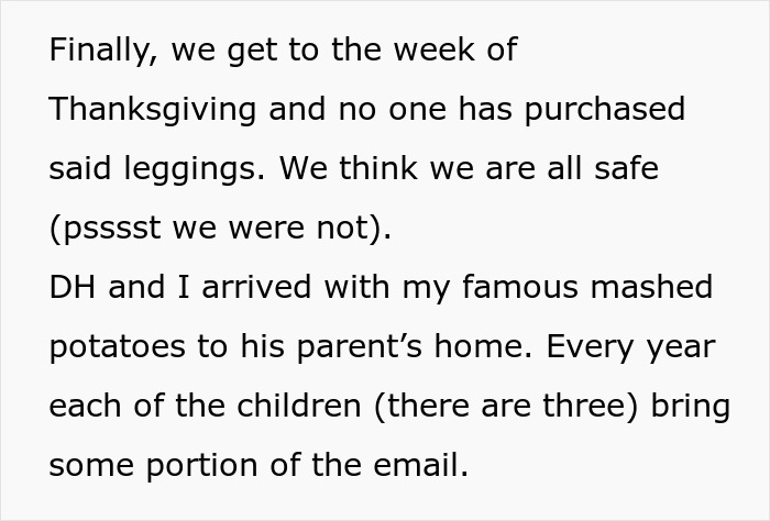 A text box explaining preparations for Thanksgiving dinner, including making mashed potatoes and concerns about MIL's leggings. A text box explaining preparations for Thanksgiving dinner, including making mashed potatoes and concerns about MIL's leggings.