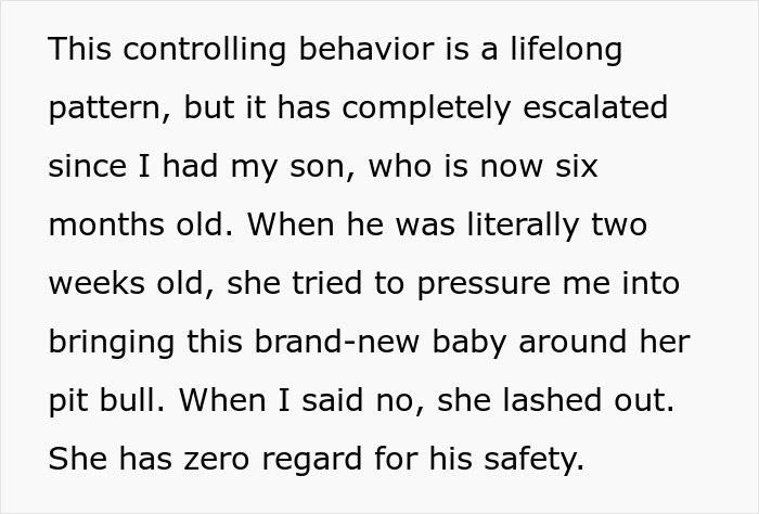 Screenshot: A daughter explains her delusional mom's escalating control and threats to sue regarding her dog and baby. Screenshot: A daughter explains her delusional mom's escalating control and threats to sue regarding her dog and baby.