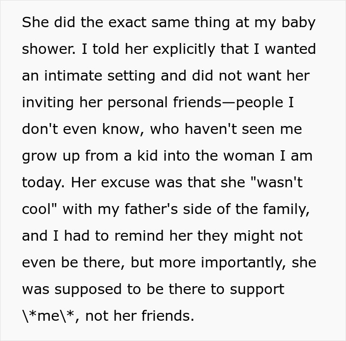 Screenshot: A daughter recounts her delusional mom's controlling behavior at her baby shower, prior to threats to sue. Screenshot: A daughter recounts her delusional mom's controlling behavior at her baby shower, prior to threats to sue.
