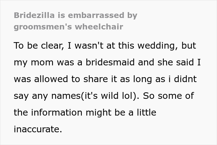 Screenshot of text about a bride who is embarrassed by a groomsman's wheelchair, reflecting the bride's twisted values.