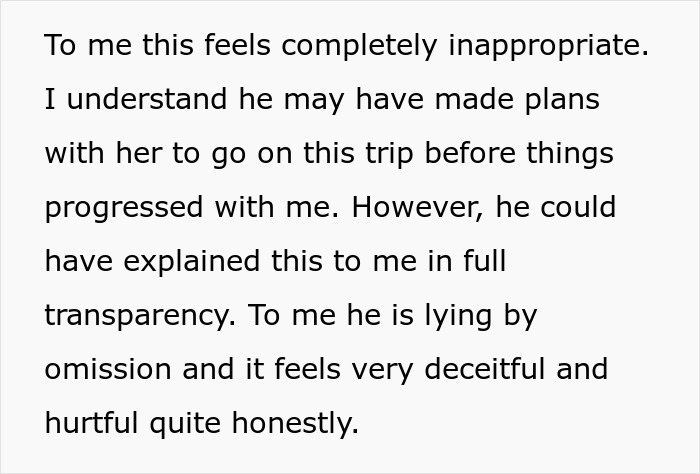 GF discovers BF's crucial trip detail. GF feels lied to about his 10-day trip plans and is upset.