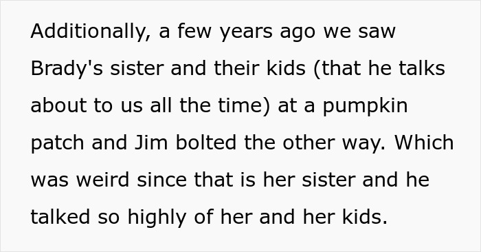 Text describing Jim's avoidance of his GF's sister and kids at a pumpkin patch, despite knowing details.