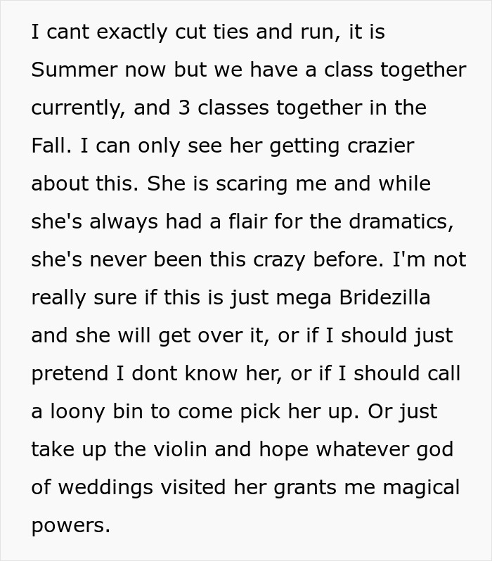 A screenshot showing text about the bride's crazy request to learn violin for her wedding.