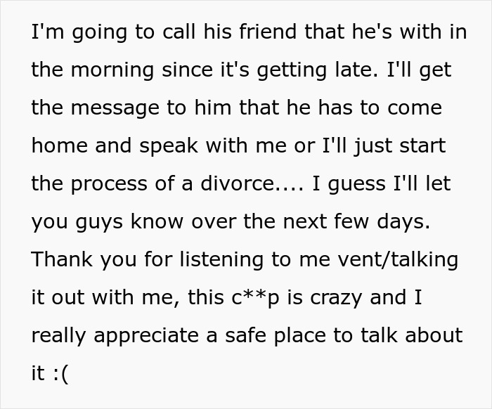 A screenshot of text describing a decision to call a friend or start a divorce process regarding the plan to have kids.