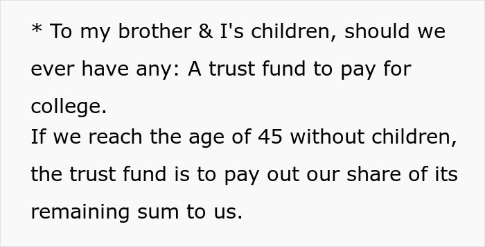 Great-grandma's will establishes a trust fund for potential children of siblings, or a payout at age 45. Great-grandma's will establishes a trust fund for potential children of siblings, or a payout at age 45.