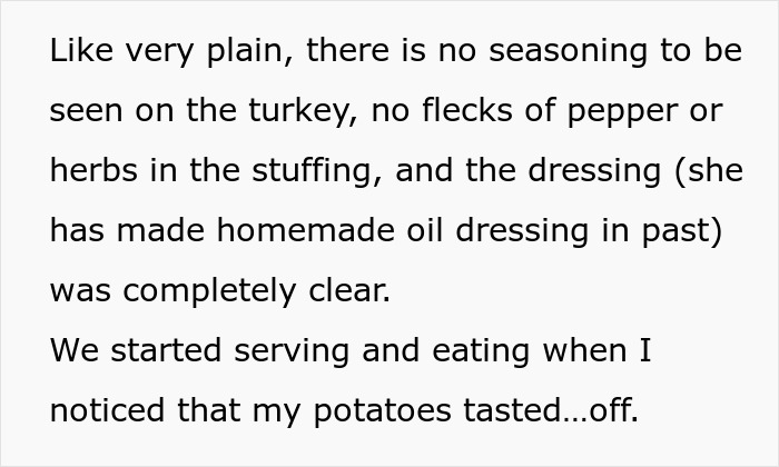 A screenshot of a text detailing a Thanksgiving dinner where the potatoes tasted off, implying essential oils were used. A screenshot of a text detailing a Thanksgiving dinner where the potatoes tasted off, implying essential oils were used.
