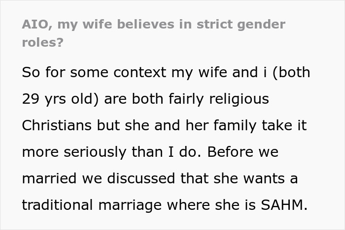 Christian Guy Agrees To Strict Gender Roles In The Family, Upset Wife Actually Enforces Them