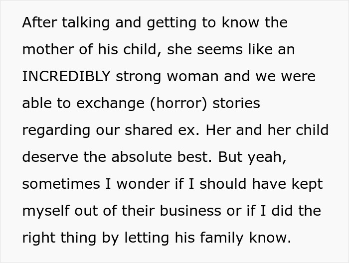 Text post where the original poster reflects on meeting the baby's mother and deciding to tell the man's family.