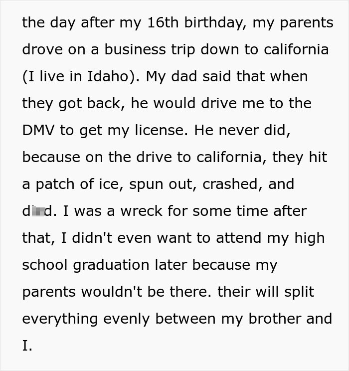 A screenshot of text about the loss of parents and the children dealing with an entitled aunt. A screenshot of text about the loss of parents and the children dealing with an entitled aunt.