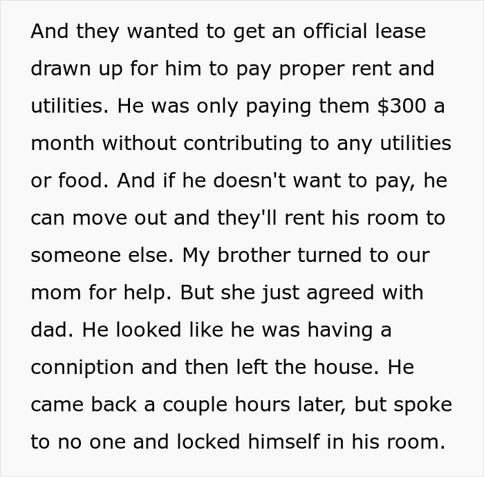 A Reddit comment explains how the entitled man's parents made him pay rent, leading to him losing more than he bargained for.