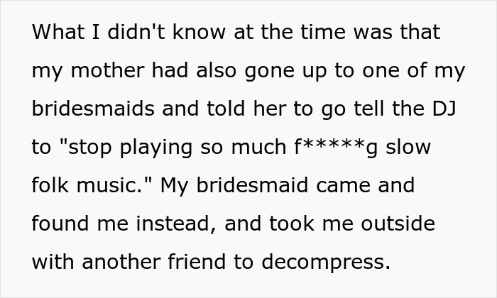 Mom takes over daughter's wedding dance floor, telling bridesmaid to fix the slow folk music.