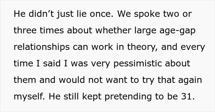 A screenshot shows text explaining the boyfriend repeatedly pretended to be younger despite GF's concerns about age-gap relationships. A screenshot shows text explaining the boyfriend repeatedly pretended to be younger despite GF's concerns about age-gap relationships.