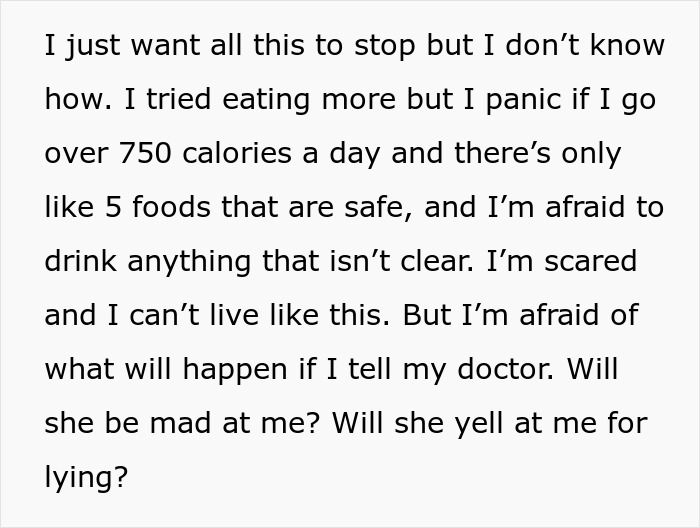 A teen panics about food intake, fears doctors, and expresses her wish to escape her controlling mom's lies. A teen panics about food intake, fears doctors, and expresses her wish to escape her controlling mom's lies.