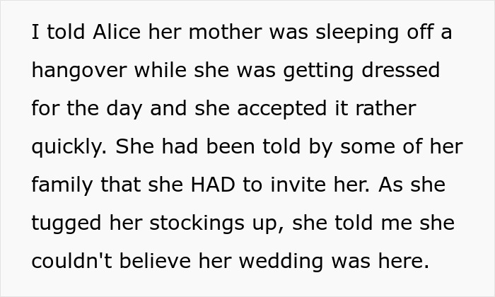 MIL sabotages the wedding. Alice gets dressed, accepting her mother is sleeping off a hangover while guests save the day. MIL sabotages the wedding. Alice gets dressed, accepting her mother is sleeping off a hangover while guests save the day.