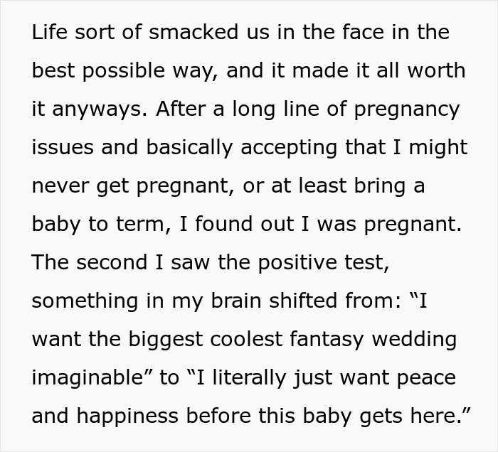 Text describing a woman's scary fixation over a groom, pregnancy, and a shift from a fantasy wedding to peace and happiness.