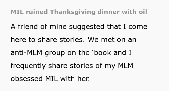 Screenshot of text discussing a MIL who ruined Thanksgiving dinner by adding essential oils to every holiday dish. Screenshot of text discussing a MIL who ruined Thanksgiving dinner by adding essential oils to every holiday dish.